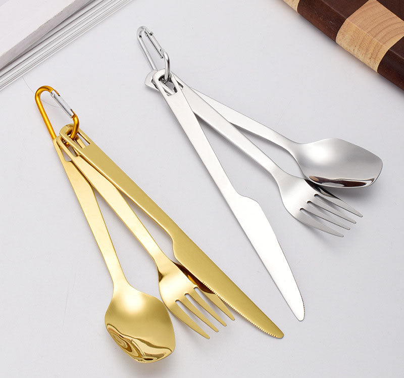 Portable Camping Utensil Set – Gold Stainless Steel Knife Fork Spoon