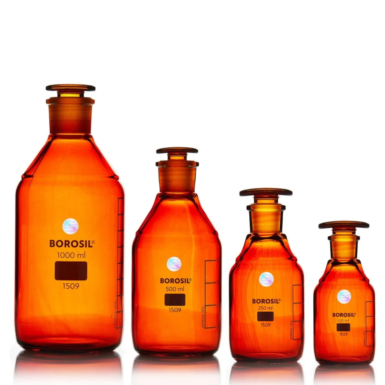 Reagent Bottle Amber Glass with Glass Stopper Borosil
