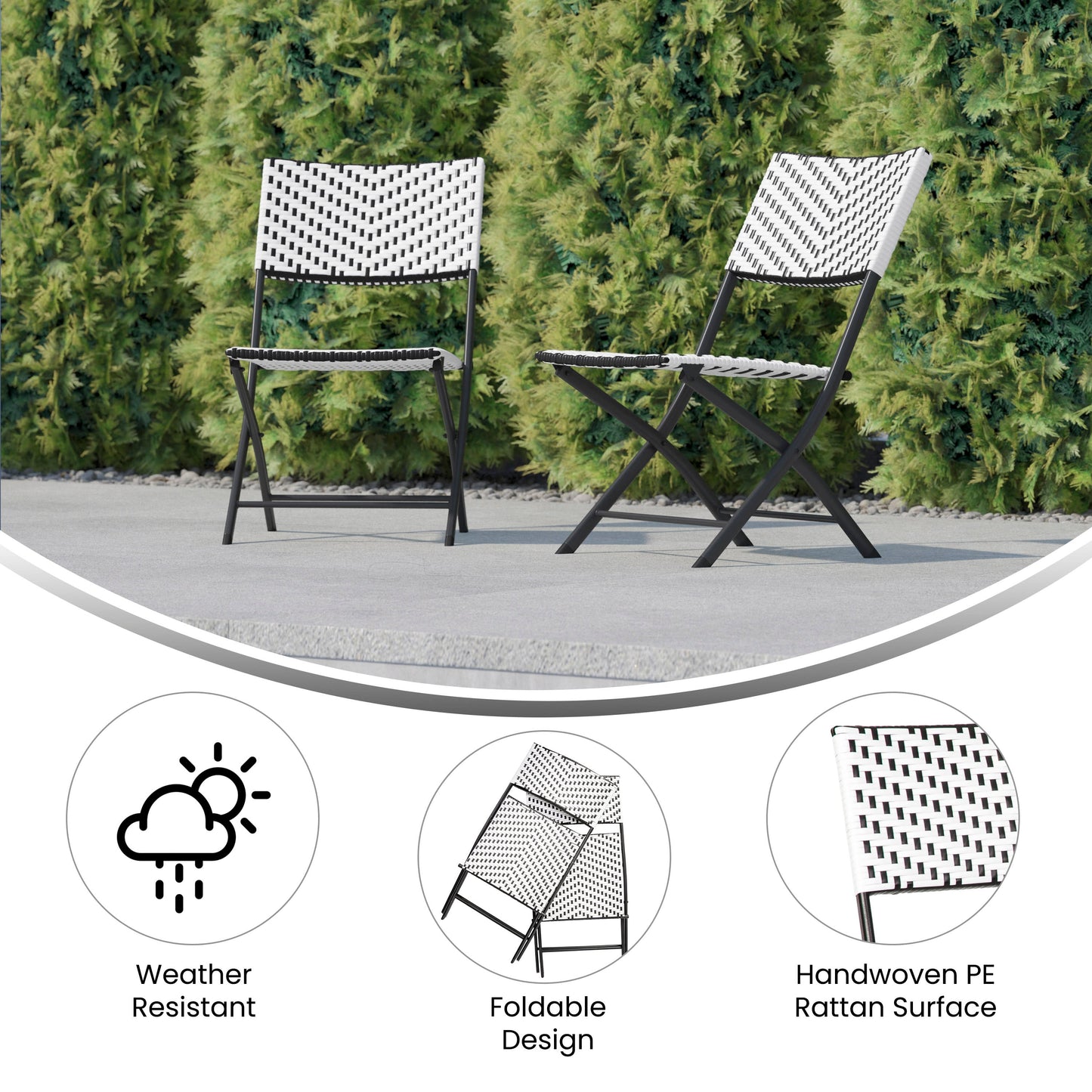 Rouen Set of Two Folding Bistro Chairs in PE Rattan with Metal Frames for Indoor and Outdoor Use