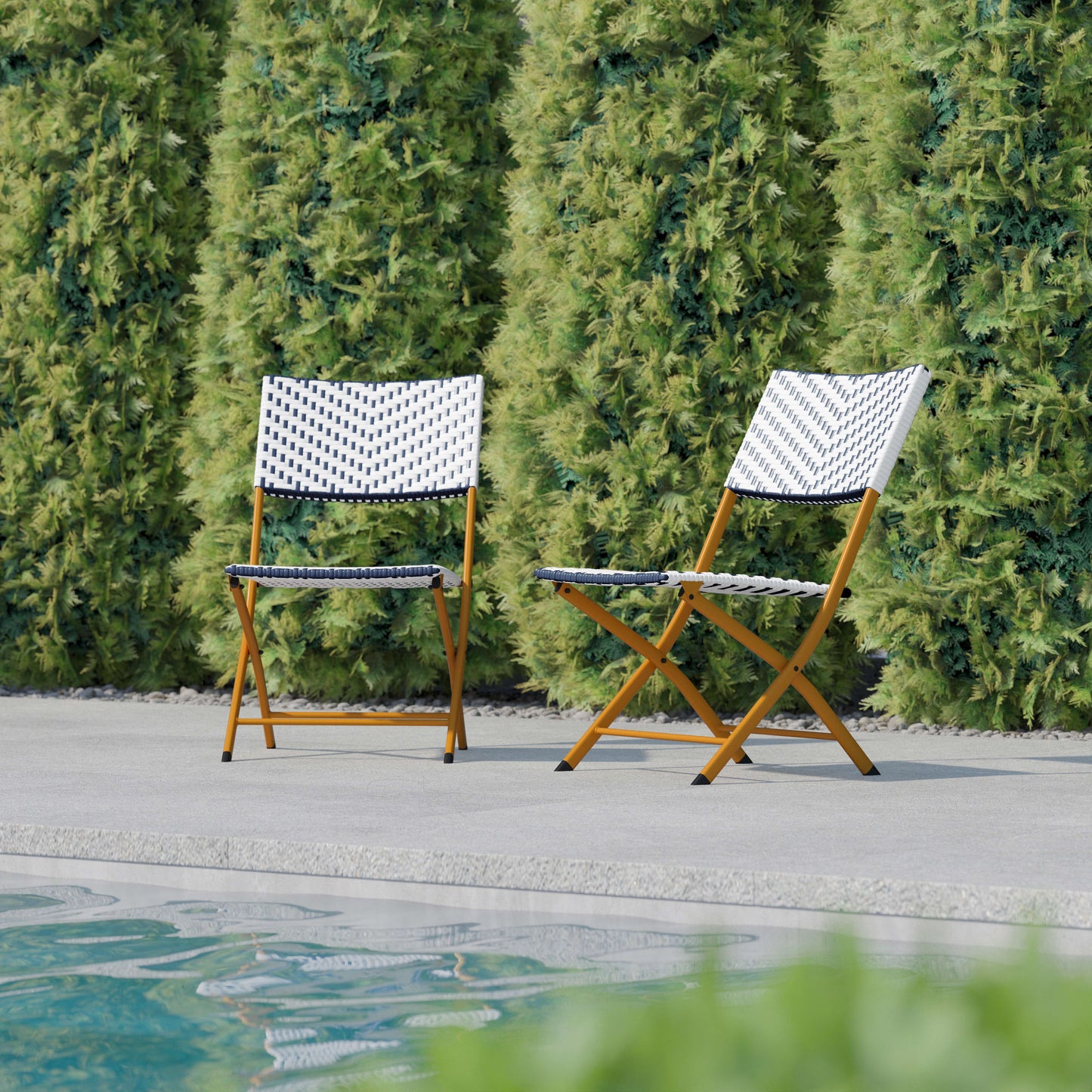 Rouen Set of Two Folding Bistro Chairs in PE Rattan with Metal Frames for Indoor and Outdoor Use