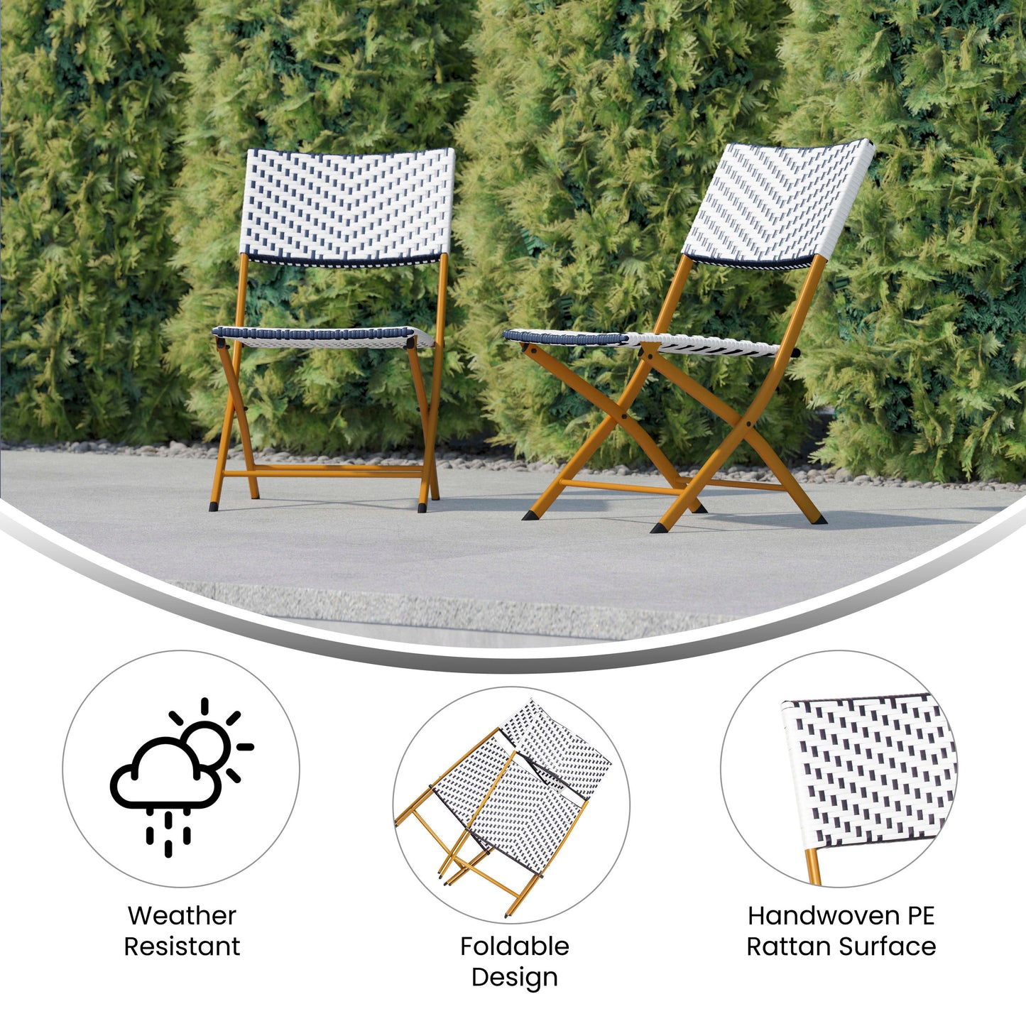 Rouen Set of Two Folding Bistro Chairs in PE Rattan with Metal Frames for Indoor and Outdoor Use