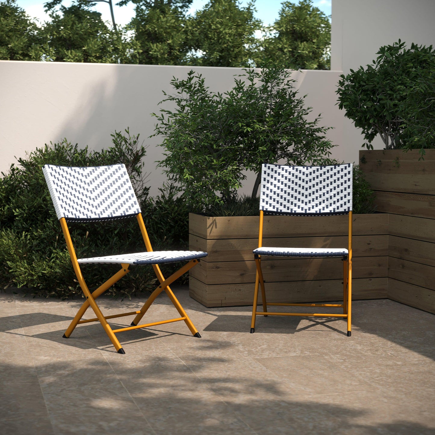 Rouen Set of Two Folding Bistro Chairs in PE Rattan with Metal Frames for Indoor and Outdoor Use