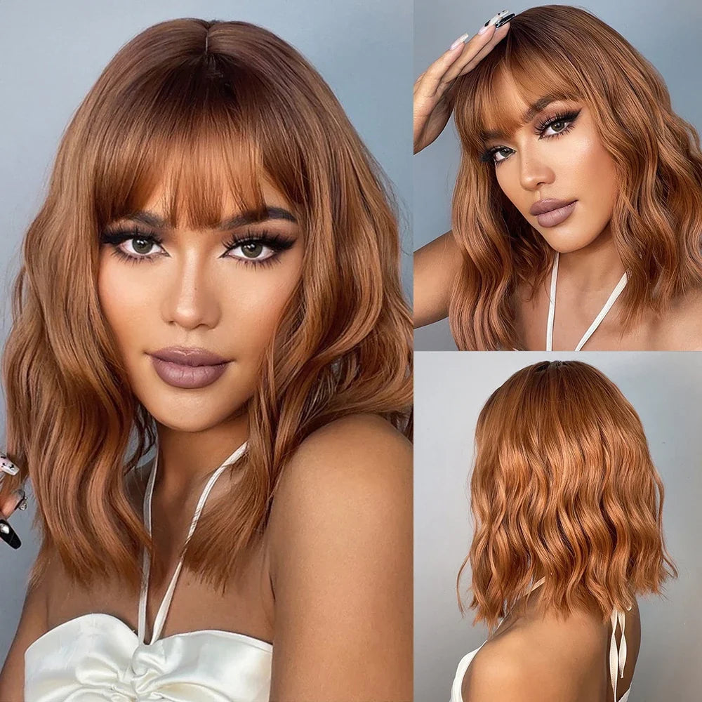 Light Pink Short Wavy Synthetic Hair Wigs with Bangs Cosplay Natural Shoulder Length Bob Wig For Women Afro Heat Resistant Fiber
