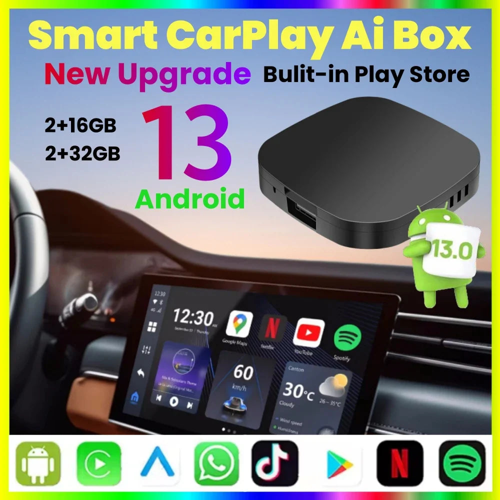 Smart CarPlay Ai Box Android 13 for OEM CarPlay Cars with Wifi Wireless Android Auto Built-in Play Store for Netflix YouTube