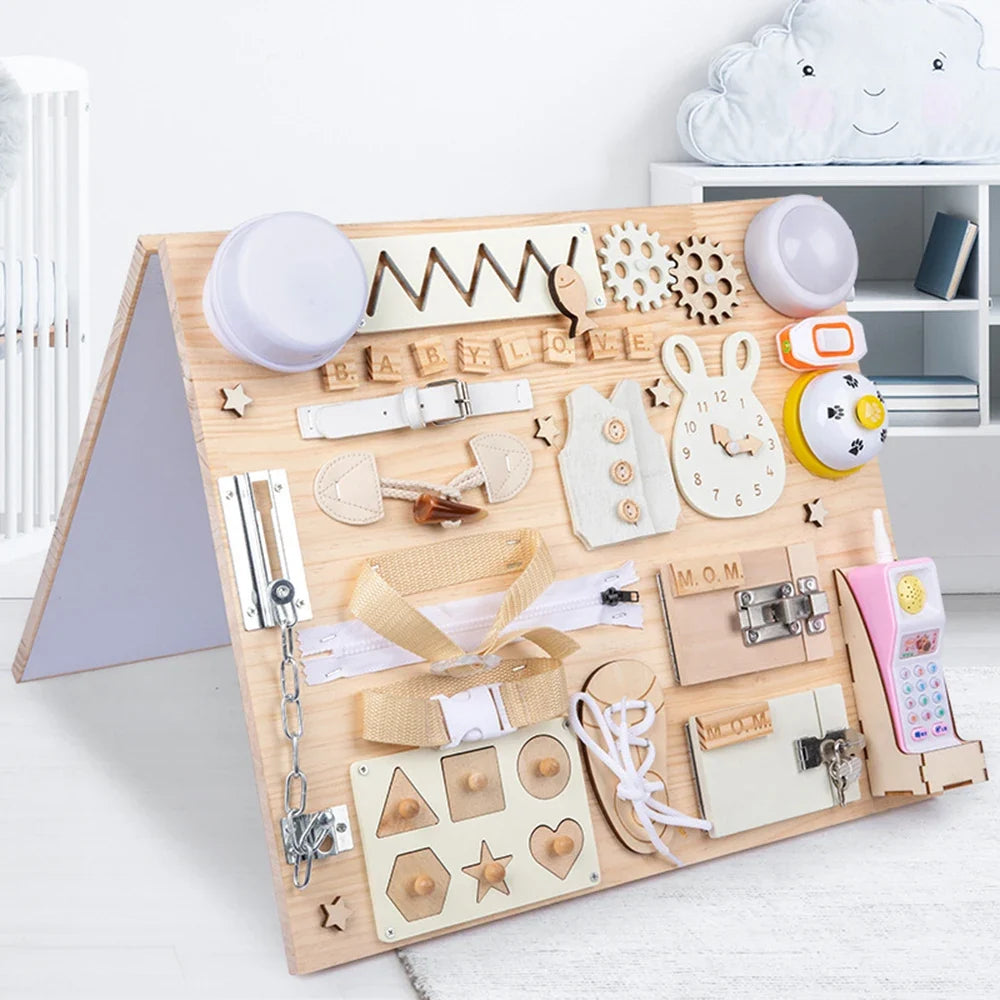 Wooden Montessori Busy Board for Babies - DIY Sensory Activity Toy with Engaging Accessories