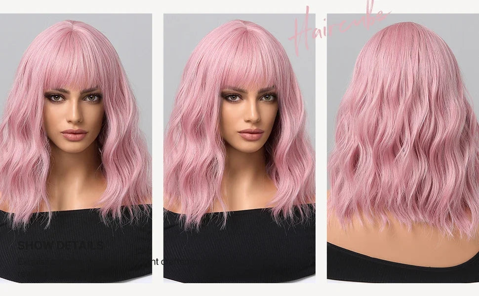 Light Pink Short Wavy Synthetic Hair Wigs with Bangs Cosplay Natural Shoulder Length Bob Wig For Women Afro Heat Resistant Fiber