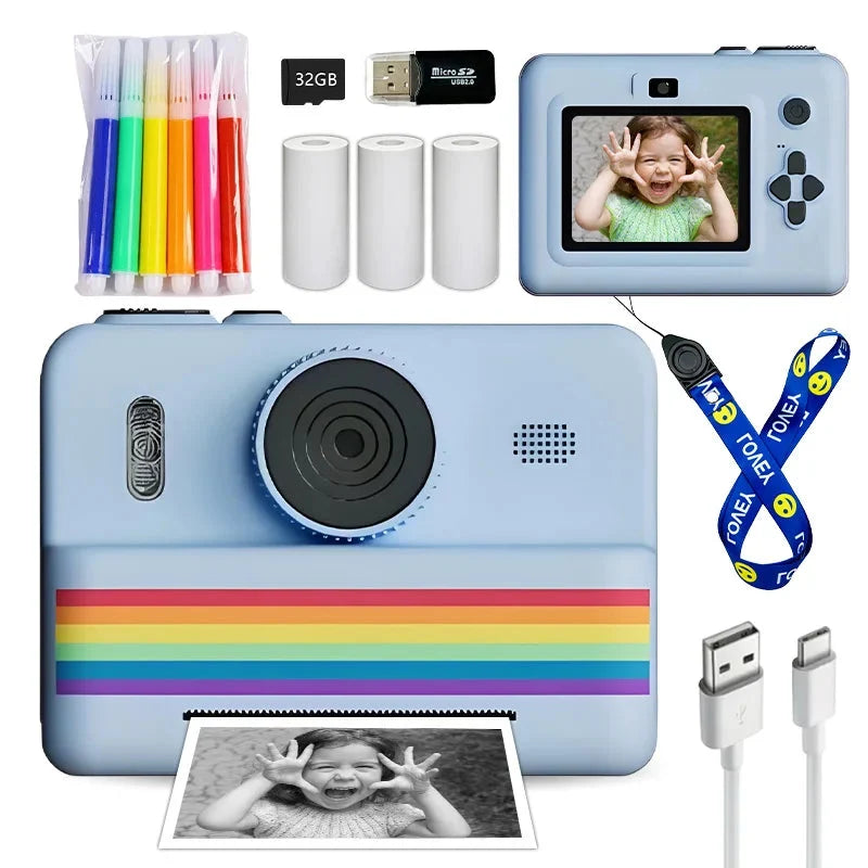 Kids Instant Camera with flash, 32GB Memory Card & Color Pencils - Perfect Gift for Boys and Girls