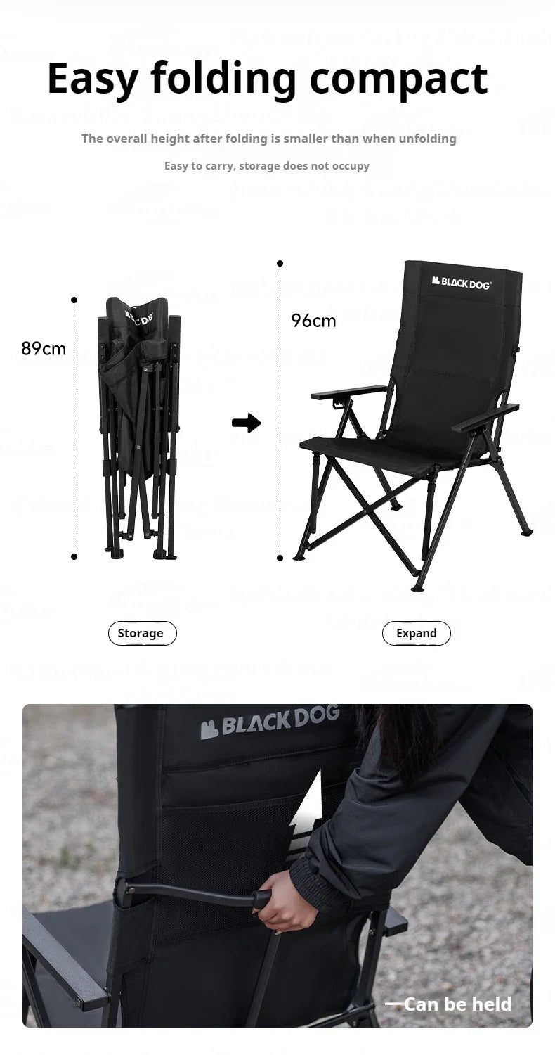 BLACKDOG High Back Folding Recliner Portable Lounger Chair High Backrest Load Bearing 120kg Carbon Steel Wood Armchair 4 Adjustable Camping Seat