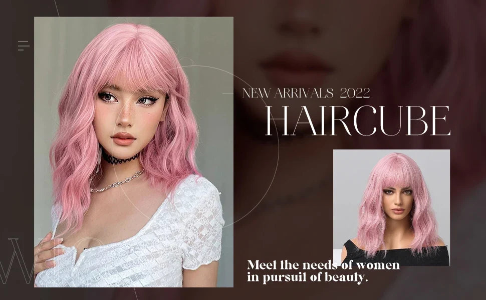 Light Pink Short Wavy Synthetic Hair Wigs with Bangs Cosplay Natural Shoulder Length Bob Wig For Women Afro Heat Resistant Fiber