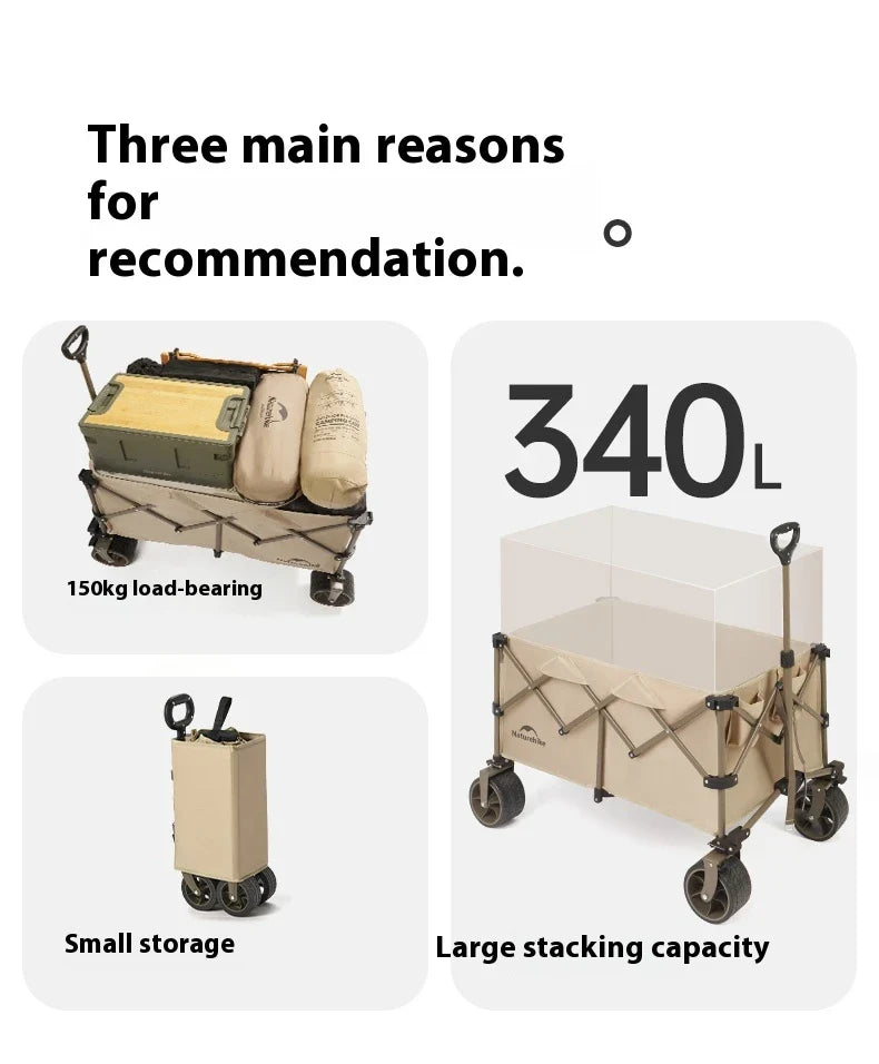 Naturehike Multi-Terrain Gathering Cart Multifunction Foldable Camping Trolley Large Capacity Outdoor Cart Wagon Collapsible 360°
