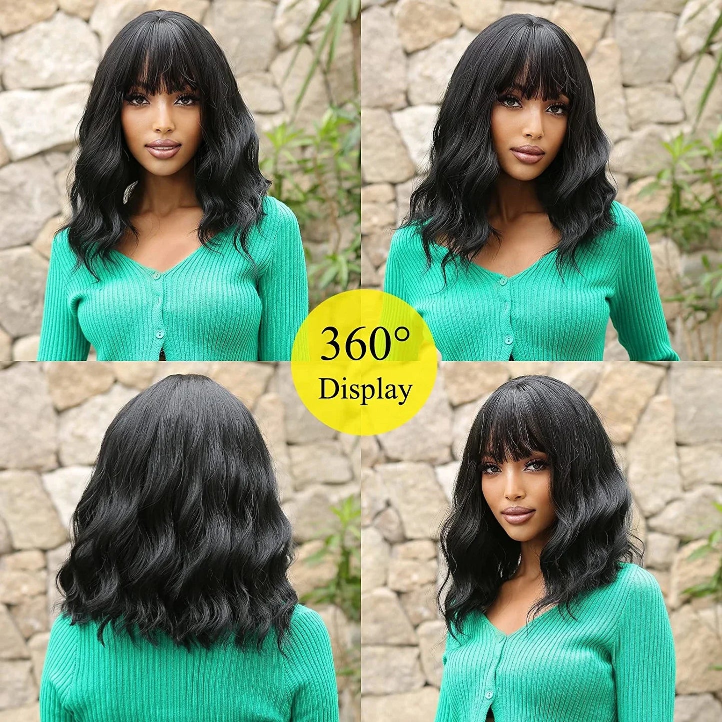 Light Pink Short Wavy Synthetic Hair Wigs with Bangs Cosplay Natural Shoulder Length Bob Wig For Women Afro Heat Resistant Fiber