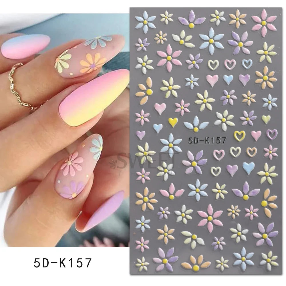 5D embossed flower nail stickers