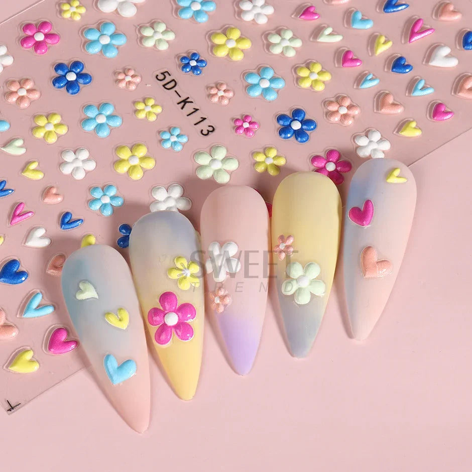 5D embossed flower nail stickers