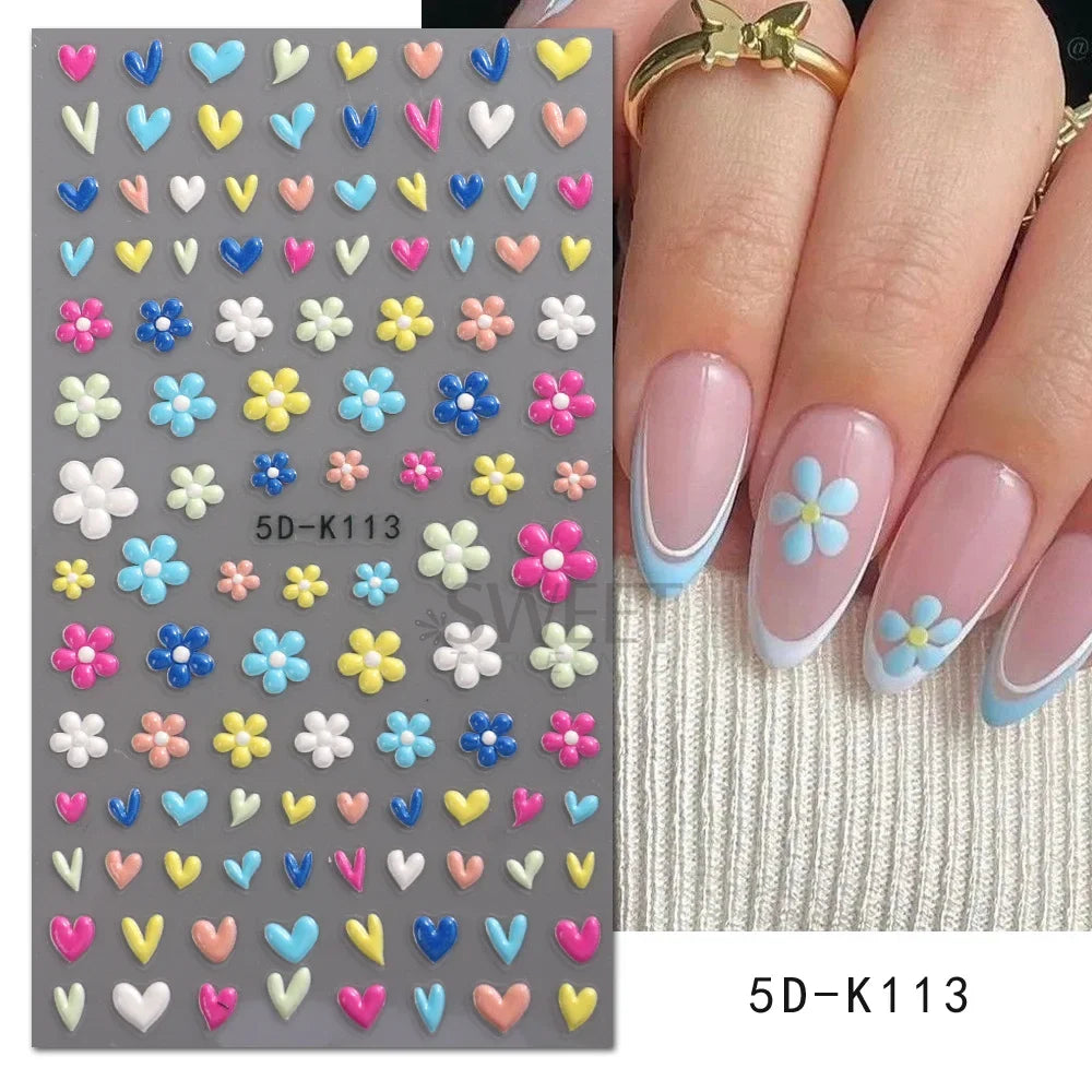 5D embossed flower nail stickers