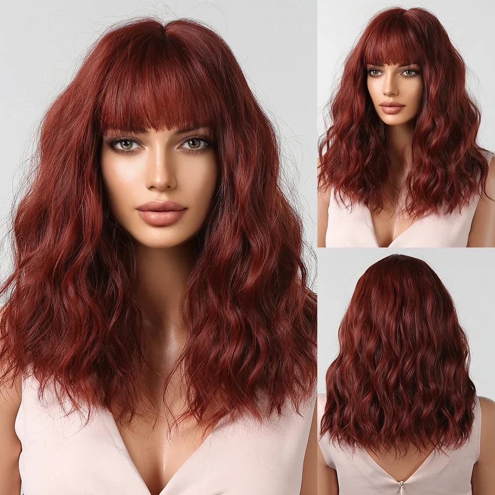 Light Pink Short Wavy Synthetic Hair Wigs with Bangs Cosplay Natural Shoulder Length Bob Wig For Women Afro Heat Resistant Fiber