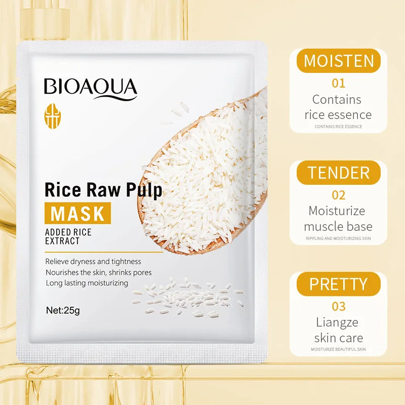 10pcs BIOAQUA Rice Raw Pulp Facial Masks – Skincare Moisturizing, Firming & Hydrating Korean Sheet Masks for Glowing Skin