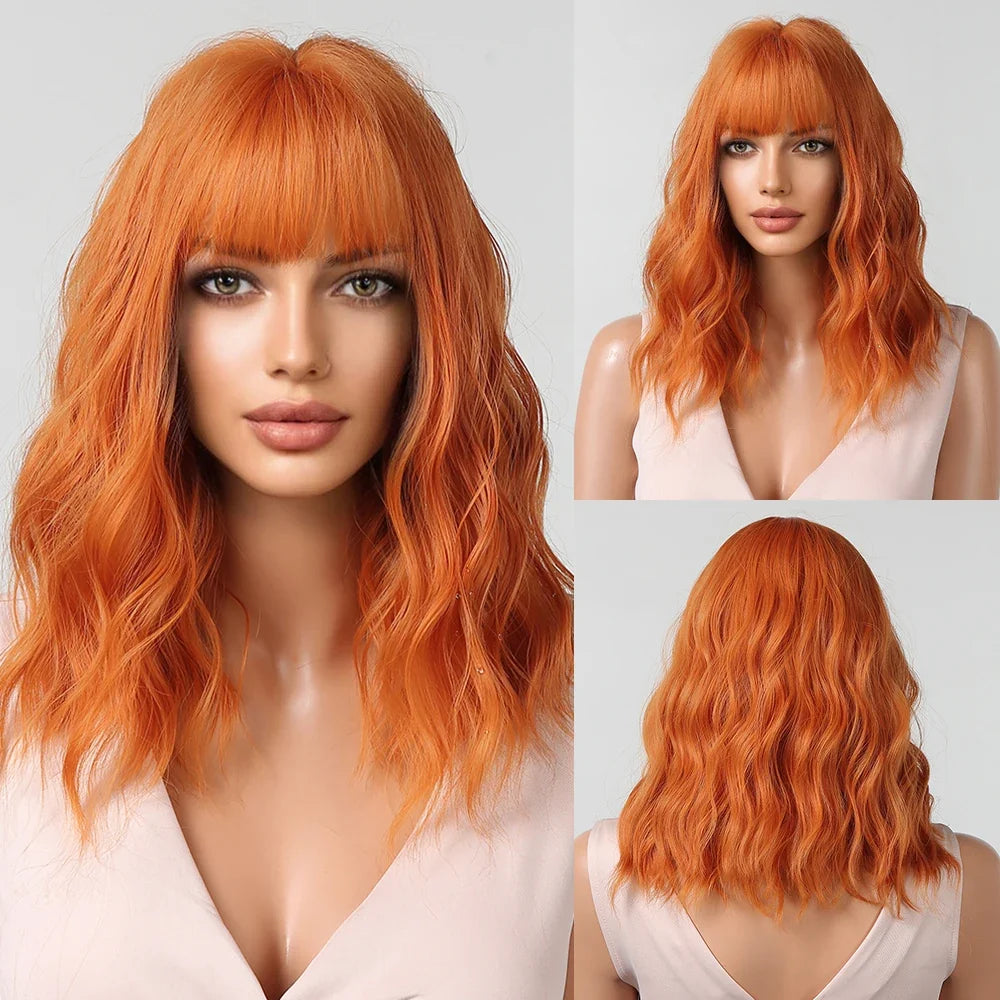 Light Pink Short Wavy Synthetic Hair Wigs with Bangs Cosplay Natural Shoulder Length Bob Wig For Women Afro Heat Resistant Fiber