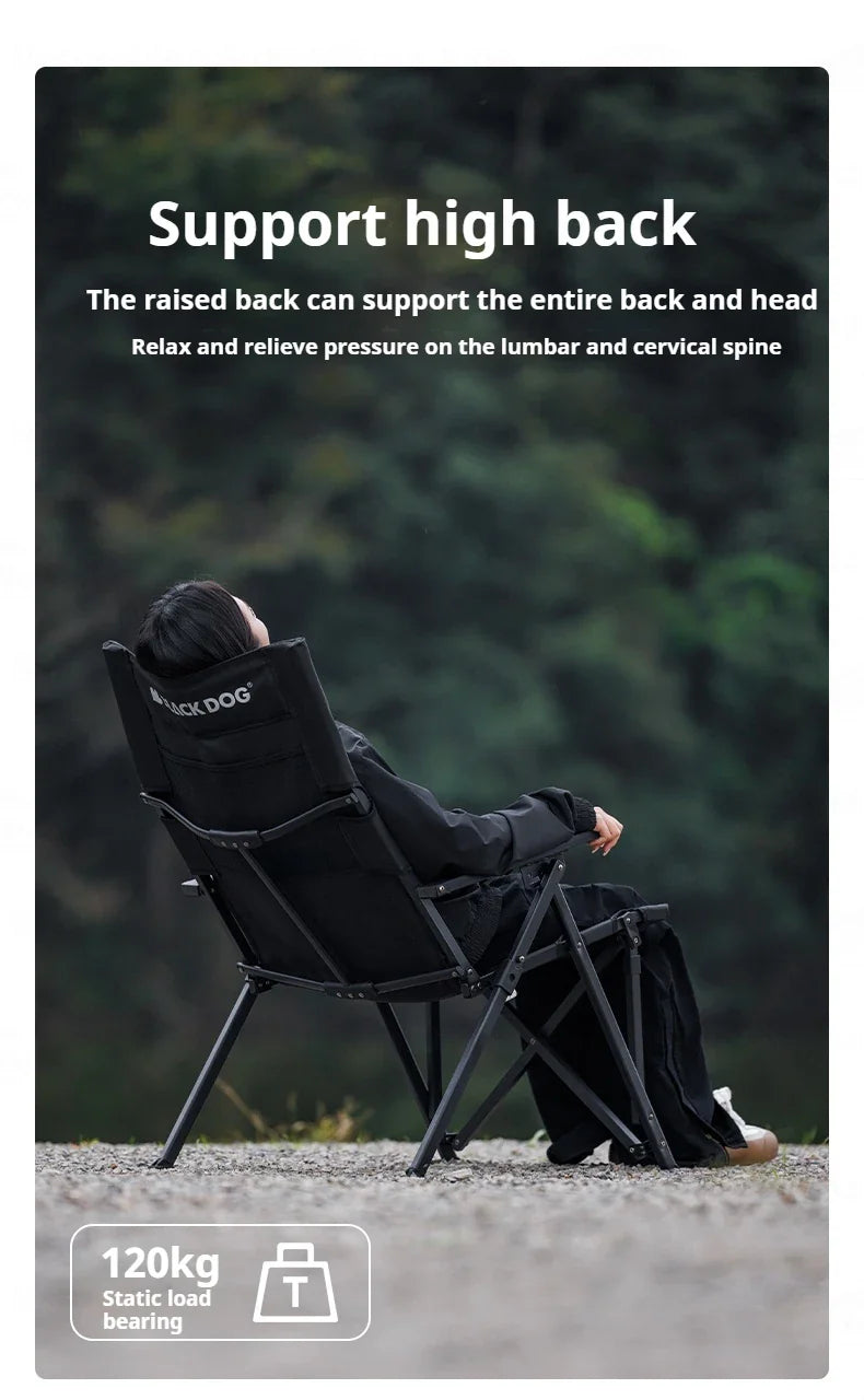 BLACKDOG High Back Folding Recliner Portable Lounger Chair High Backrest Load Bearing 120kg Carbon Steel Wood Armchair 4 Adjustable Camping Seat