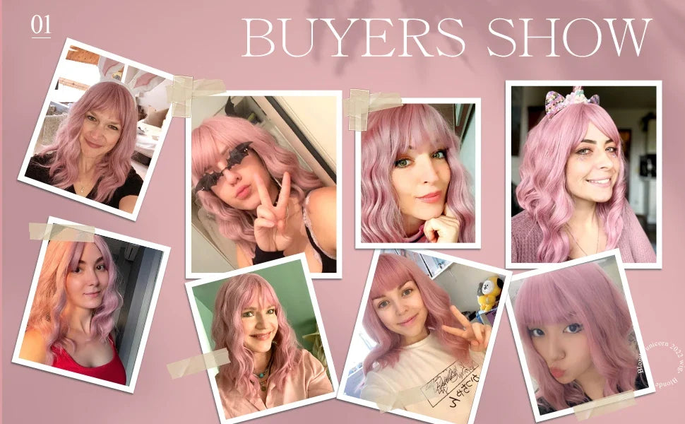 Light Pink Short Wavy Synthetic Hair Wigs with Bangs Cosplay Natural Shoulder Length Bob Wig For Women Afro Heat Resistant Fiber