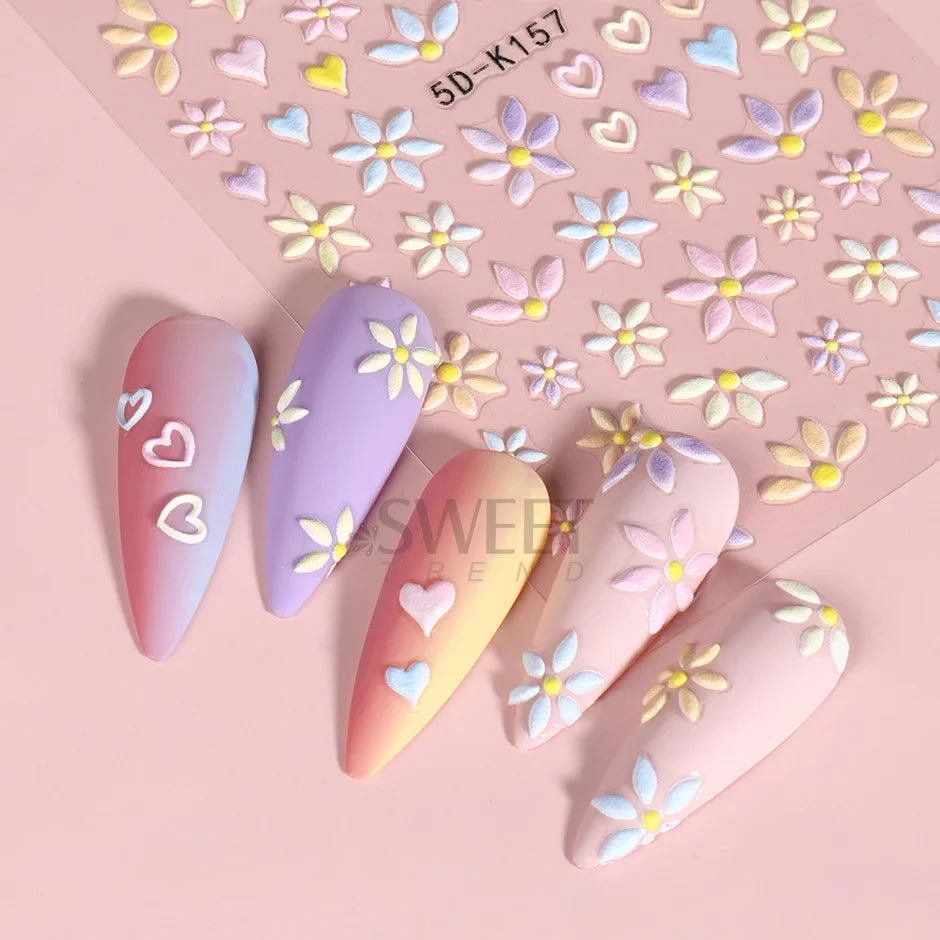 5D embossed flower nail stickers