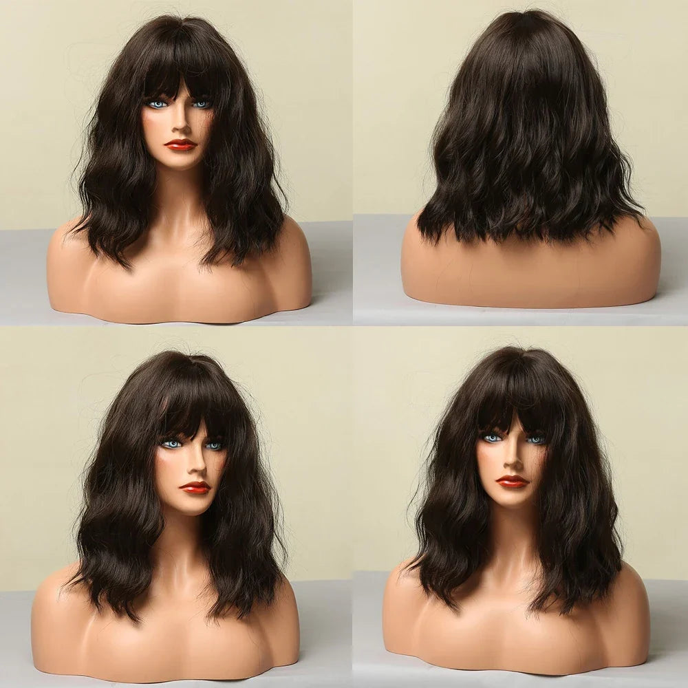 Light Pink Short Wavy Synthetic Hair Wigs with Bangs Cosplay Natural Shoulder Length Bob Wig For Women Afro Heat Resistant Fiber
