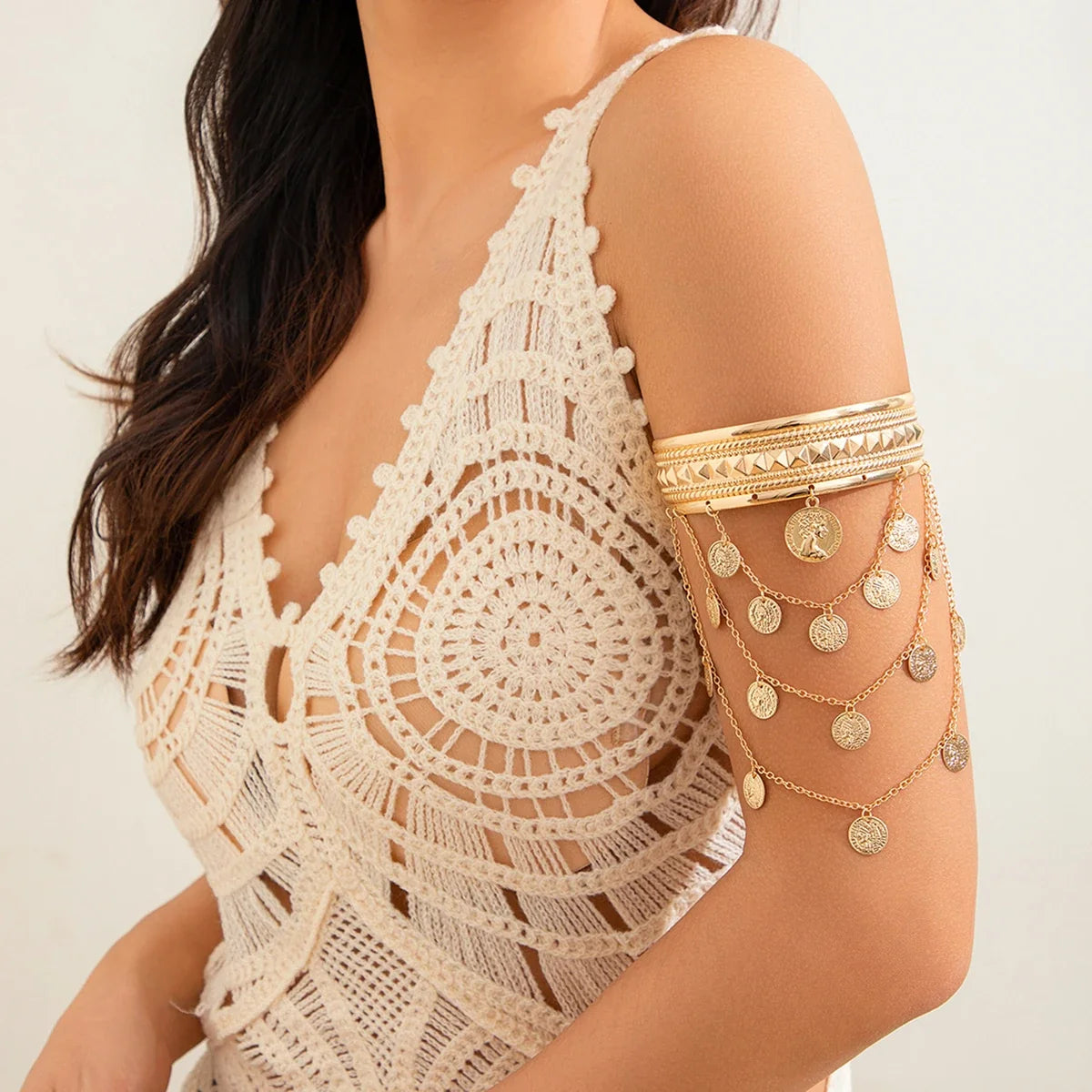 Salircon Gold Color Round People Head Coin Arm Bracelet for Women 2024 Trendy Open Adjustable On The Upper Arm Bangles Jewelry