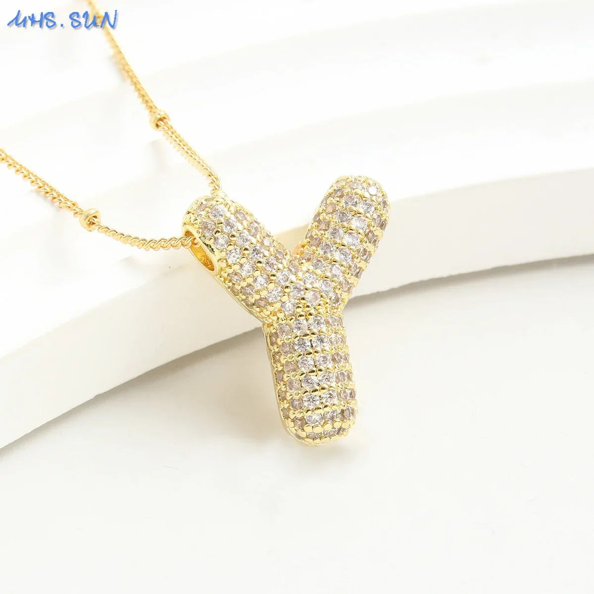 MHS.SUN Gold Plated Balloon 26 Letter Necklaces Copper Zircon Bubble Initial Pendant Chunky Women Personality Chain Jewelry