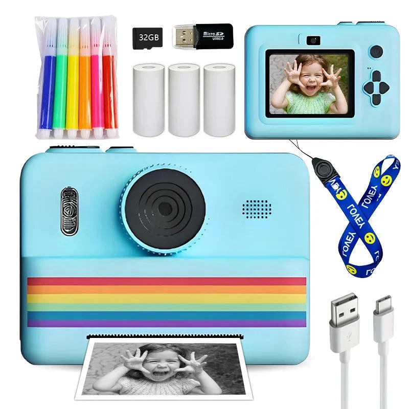 Kids Instant Camera with flash, 32GB Memory Card & Color Pencils - Perfect Gift for Boys and Girls