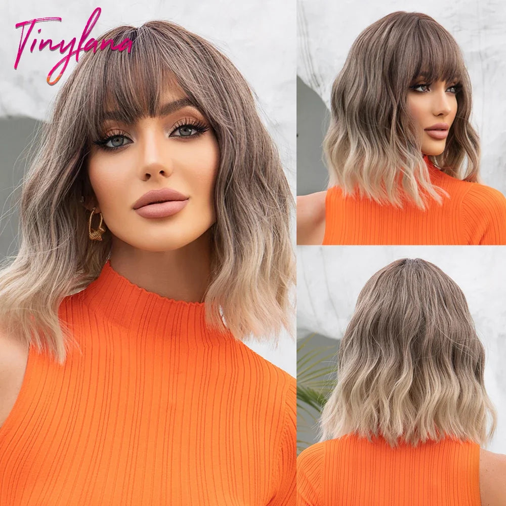Light Pink Short Wavy Synthetic Hair Wigs with Bangs Cosplay Natural Shoulder Length Bob Wig For Women Afro Heat Resistant Fiber