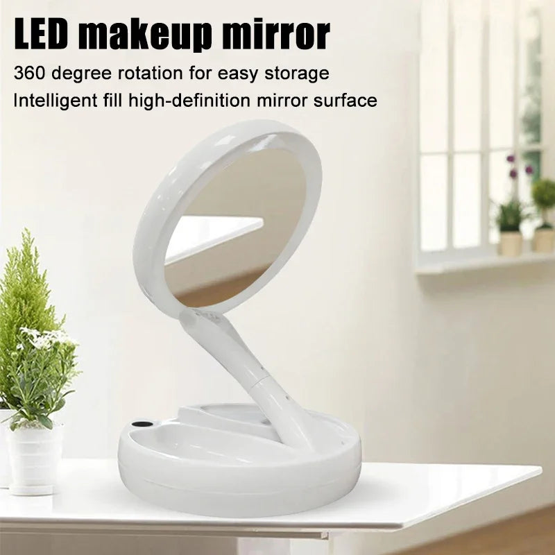 Makeup Mirror with Light – LED Vanity Mirror, 3 Light Modes, USB Charging, 360° Rotation & Storage Base
