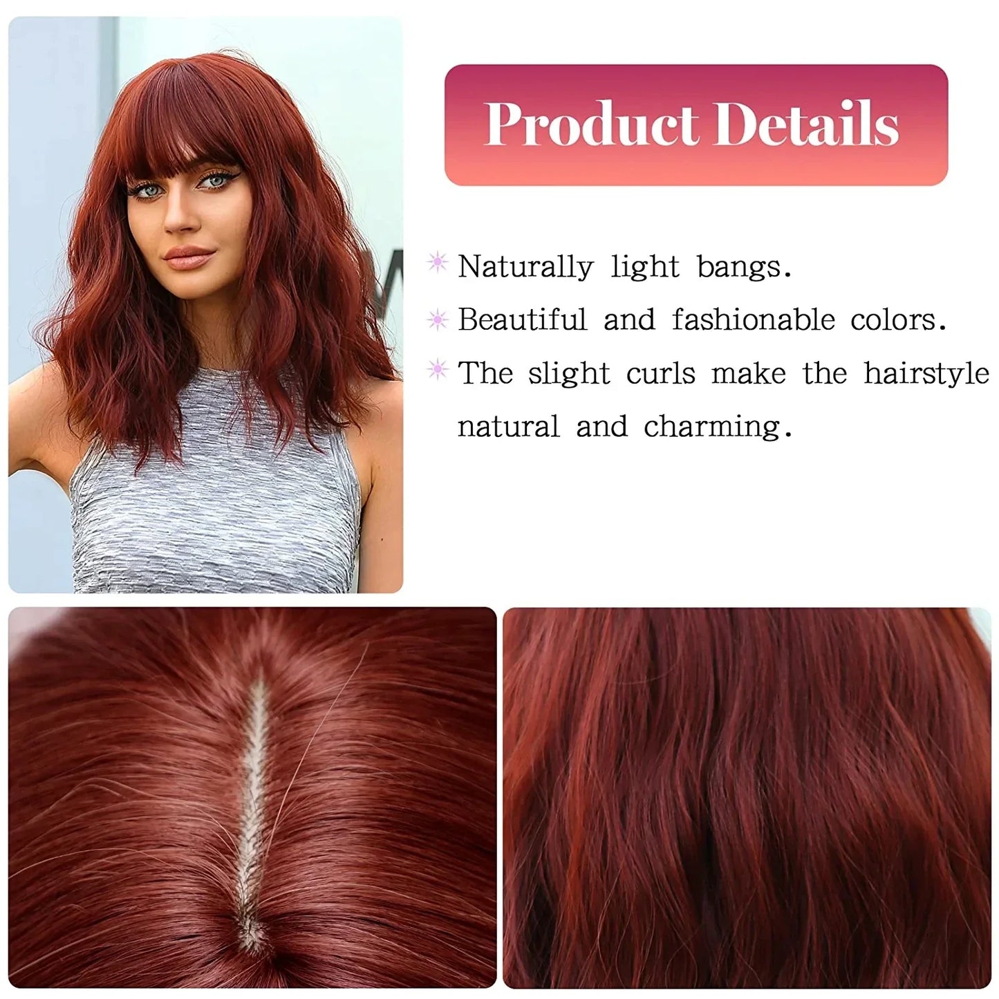 Light Pink Short Wavy Synthetic Hair Wigs with Bangs Cosplay Natural Shoulder Length Bob Wig For Women Afro Heat Resistant Fiber