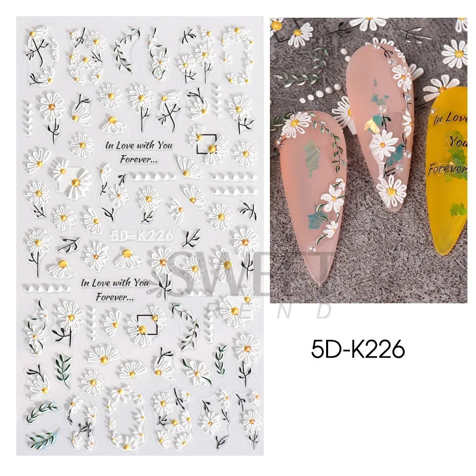 5D embossed flower nail stickers