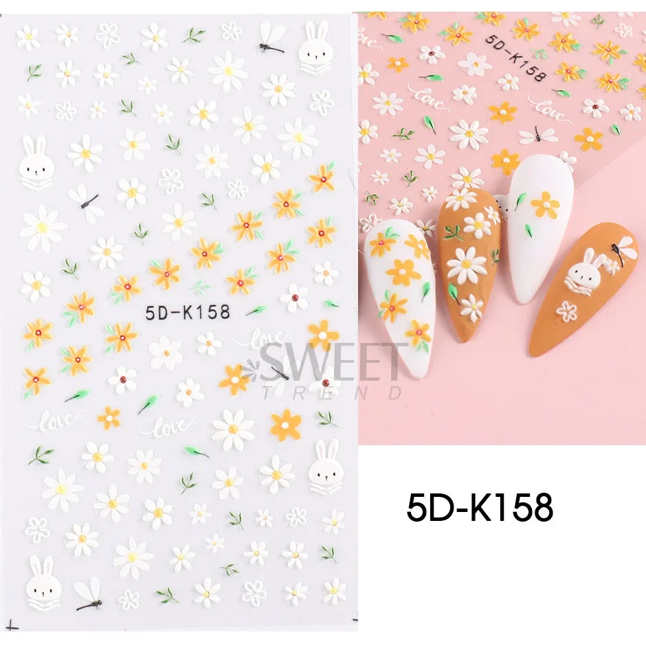 5D embossed flower nail stickers