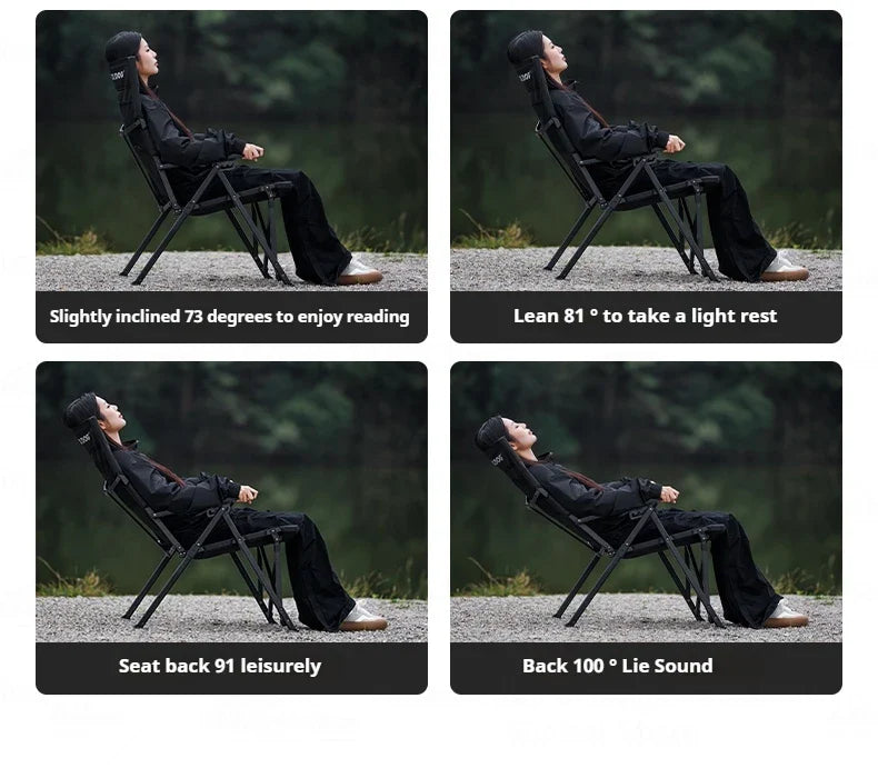 BLACKDOG High Back Folding Recliner Portable Lounger Chair High Backrest Load Bearing 120kg Carbon Steel Wood Armchair 4 Adjustable Camping Seat