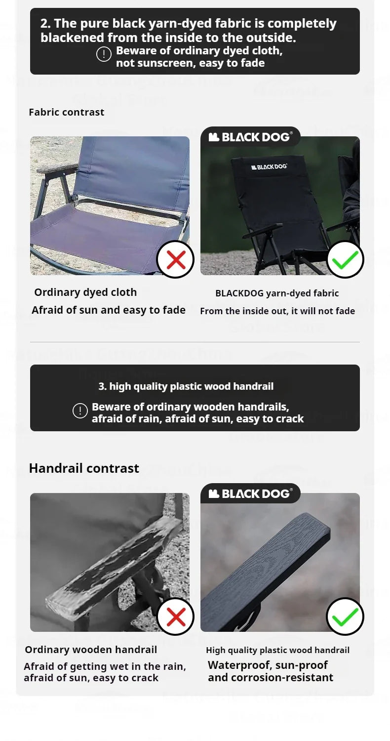 BLACKDOG High Back Folding Recliner Portable Lounger Chair High Backrest Load Bearing 120kg Carbon Steel Wood Armchair 4 Adjustable Camping Seat