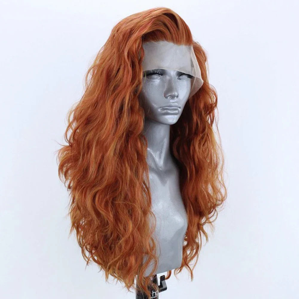 13X4 Ginger Synthetic Lace Front Wig – Long Wavy Black Hair Cosplay Wig for Women, Glueless & Heat Resistant