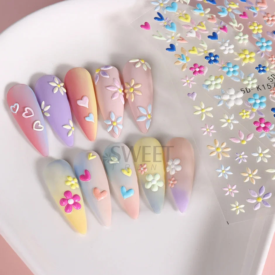 5D embossed flower nail stickers
