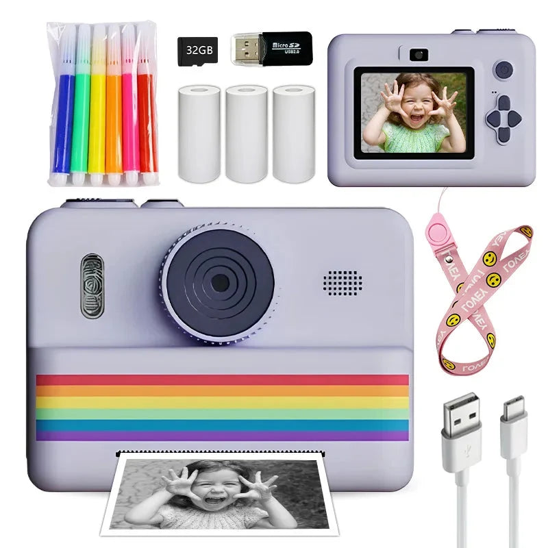 Kids Instant Camera with flash, 32GB Memory Card & Color Pencils - Perfect Gift for Boys and Girls