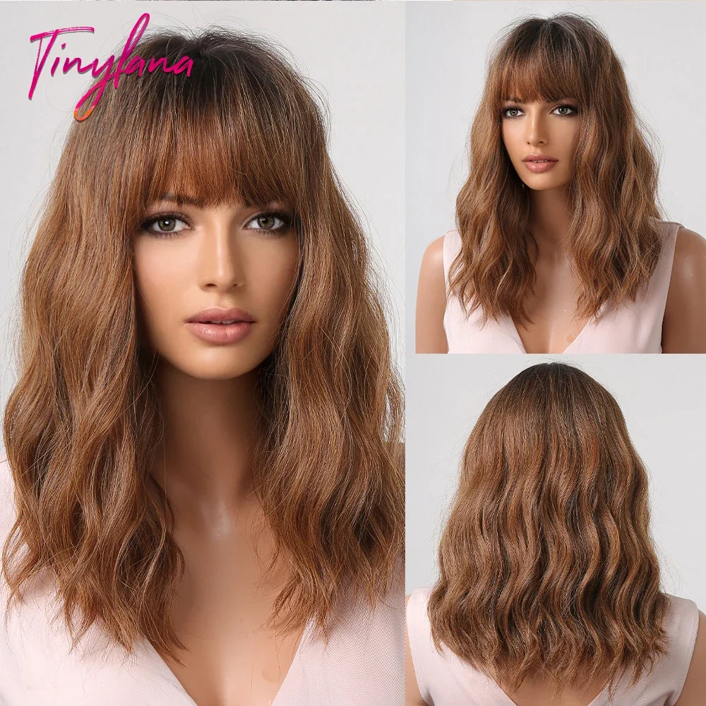 Light Pink Short Wavy Synthetic Hair Wigs with Bangs Cosplay Natural Shoulder Length Bob Wig For Women Afro Heat Resistant Fiber