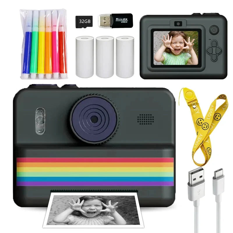 Kids Instant Camera with flash, 32GB Memory Card & Color Pencils - Perfect Gift for Boys and Girls