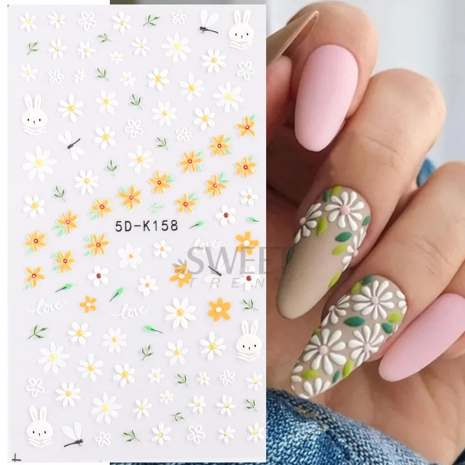 5D embossed flower nail stickers