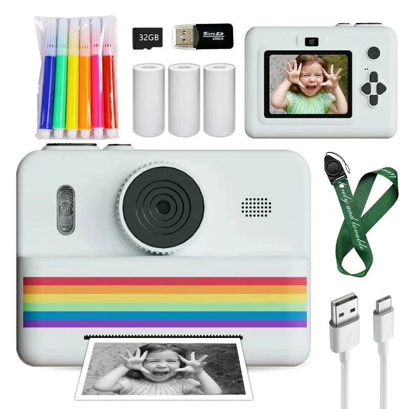 Kids Instant Camera with flash, 32GB Memory Card & Color Pencils - Perfect Gift for Boys and Girls