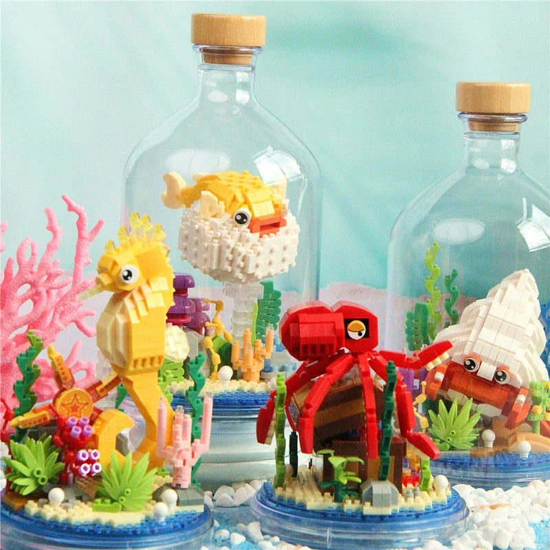 Creative Children's Building Blocks Set - Flamingo & Seahorse Educational Toys in Bottled Design