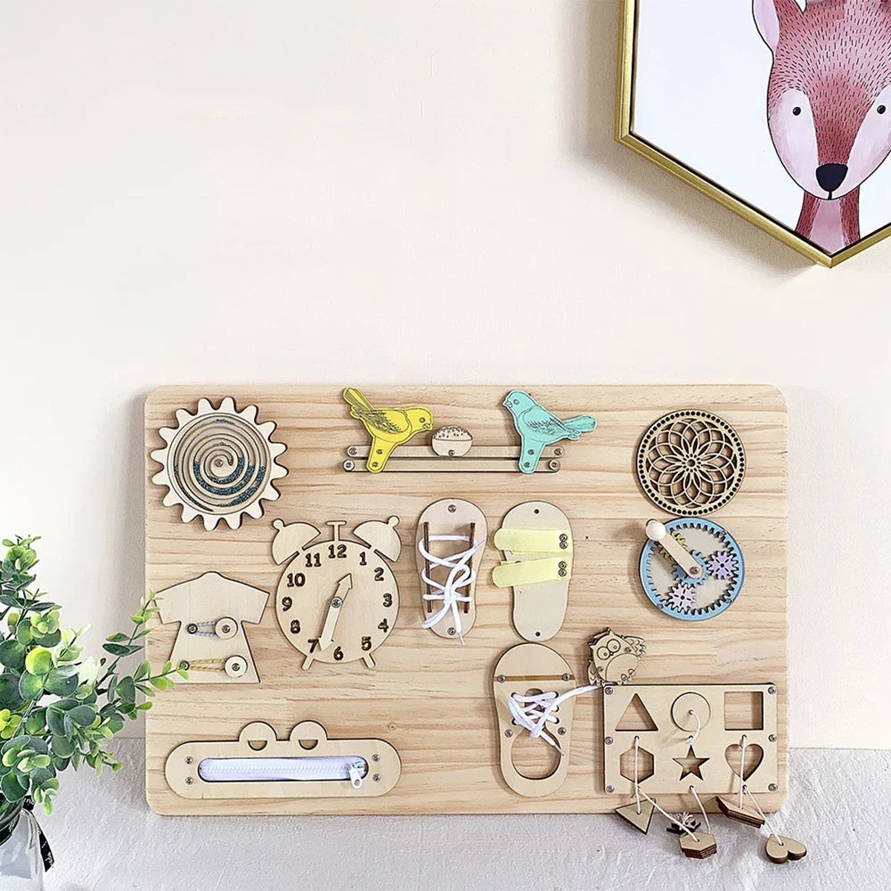 Wooden Montessori Busy Board for Babies - DIY Sensory Activity Toy with Engaging Accessories
