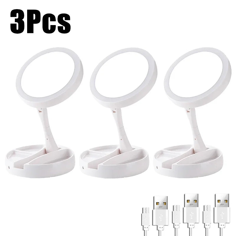 Makeup Mirror with Light – LED Vanity Mirror, 3 Light Modes, USB Charging, 360° Rotation & Storage Base