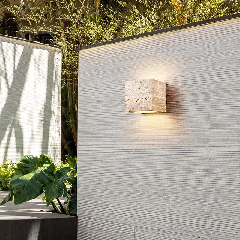 Minimalist Travertine Stone Outdoor LED Wall Light With Natural Cave Stone Shade