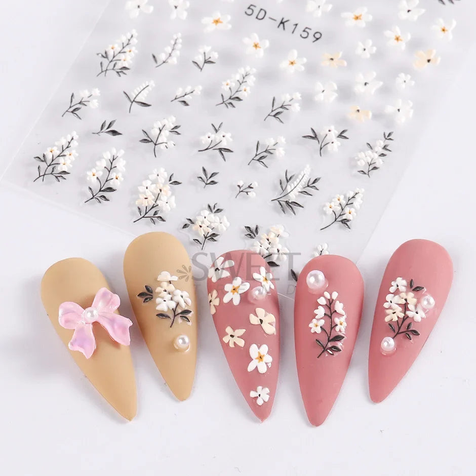 5D embossed flower nail stickers