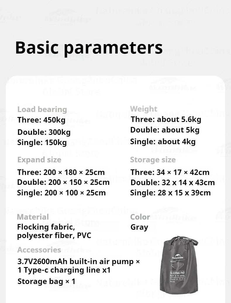 Naturehike Inflatable Bed With Build-in Air Pump Portable Lightweight 1-3 Persons Camping Luxury Sleeping Bed PVC Inflatable Thicken Pad Travel