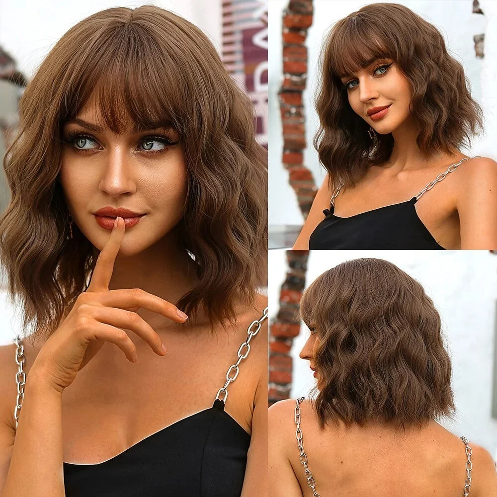 Light Pink Short Wavy Synthetic Hair Wigs with Bangs Cosplay Natural Shoulder Length Bob Wig For Women Afro Heat Resistant Fiber