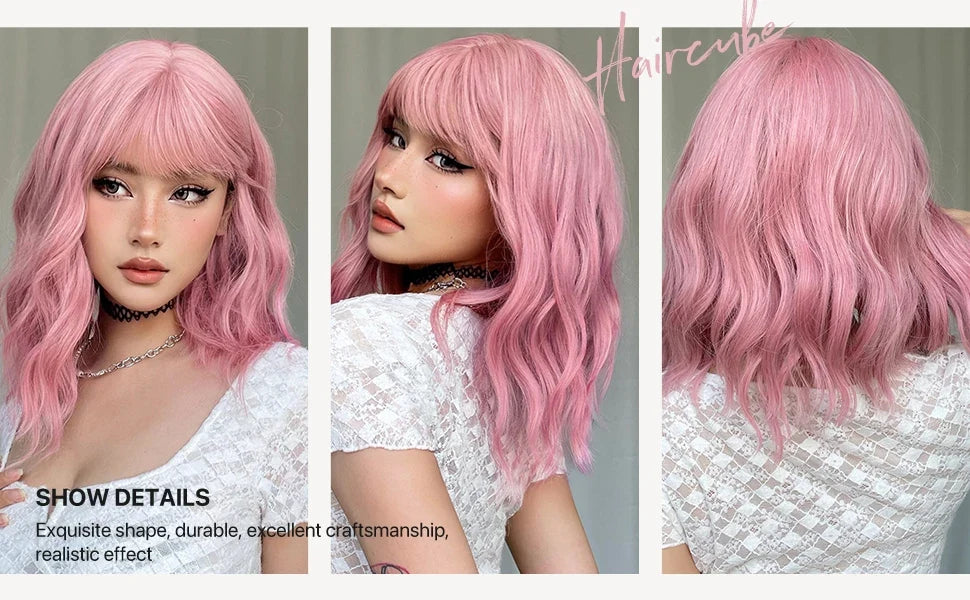 Light Pink Short Wavy Synthetic Hair Wigs with Bangs Cosplay Natural Shoulder Length Bob Wig For Women Afro Heat Resistant Fiber